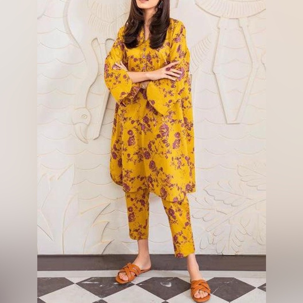 (New) Women's Mustard Yellow Floral Pants & Tunic Set